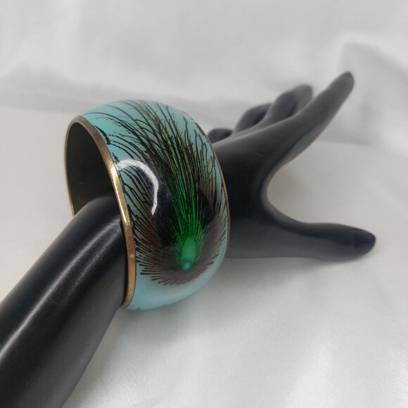 Vintage Peacock Feather Bangle Bracelet Wide Brass Enamel Blue Green Statement - Picture 7 of 8